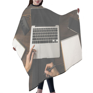 Personality  Top View Of Designer Using Laptop And Graphics Tablet At Workplace Hair Cutting Cape