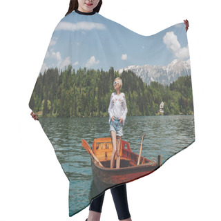 Personality  Beautiful Young Woman In Sunglasses Standing In Boat At Tranquil Mountain Lake, Bled, Slovenia Hair Cutting Cape