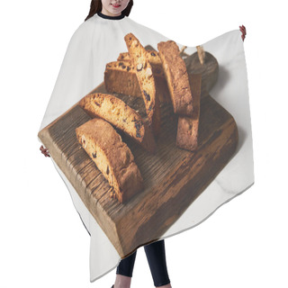 Personality  Assorted Almond And Cranberry Biscotti On Rustic Wooden Board, Artfully Arranged With Marble Backdrop. High Quality Photo Hair Cutting Cape