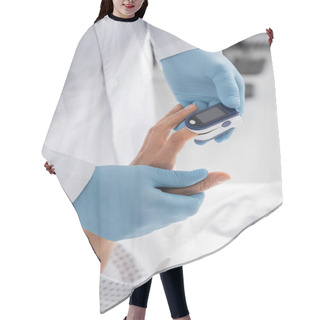 Personality  Cropped View Of Doctor In Latex Gloves Measuring Heartbeat Rate Of Woman With Pulse Oximeter Hair Cutting Cape
