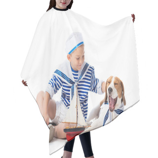 Personality  Preschooler Child In Sailor Suit With Toy Ship And Beagle Dog On White Hair Cutting Cape