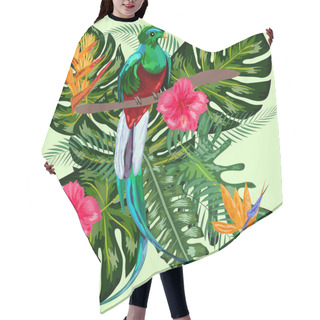 Personality  Green Tropical Bird Great Resplendent Quetzal Sitting On A Branch Against The Backdrop Of A Tropical Foliage And Flowers, Design, Rare, Endangered Species, Red Data Book, Security Hair Cutting Cape