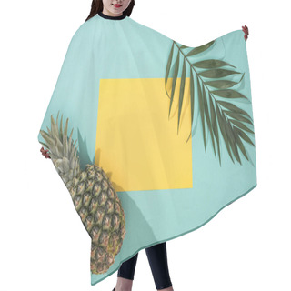 Personality  Top View Of Pineapple, Tropical Leaf And Yellow Card With Copy Space On Turquoise Background Hair Cutting Cape