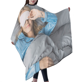 Personality  Overhead View Of Happy Blonde Woman In Sleeping Mask And Silk Pajama Resting In Bed  Hair Cutting Cape