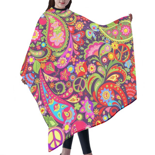 Personality  Hippie Vivid Colorful Wallpaper With Abstract Flowers, Hippie Peace Symbol, Butterfly, Ladybird, Pomegranate And Paisley. Hair Cutting Cape