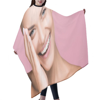 Personality  Smiling Beautiful Blonde Woman Touching Face Isolated On Pink, Banner Hair Cutting Cape