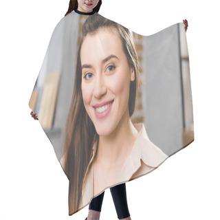 Personality  Portrait Of Beautiful Young Businesswoman Smiling At Camera Hair Cutting Cape