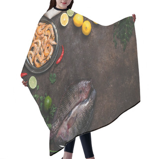 Personality  Raw Fish, Chili Peppers, Shrimp, Herbs With Lemons And Tablecloth On Dark Table Top    Hair Cutting Cape