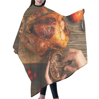 Personality  Thanksgiving Concept, Cropped View Of Man Holding Wooden Bowl With Spices Near Roasted Turkey Hair Cutting Cape