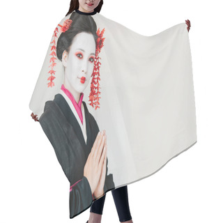 Personality  Smiling Beautiful Geisha In Black Kimono With Greeting Hands Isolated On White With Copy Space Hair Cutting Cape