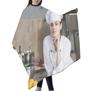 Personality  Attractive Pensive Chef Looking At Camera At Restaurant Kitchen Hair Cutting Cape