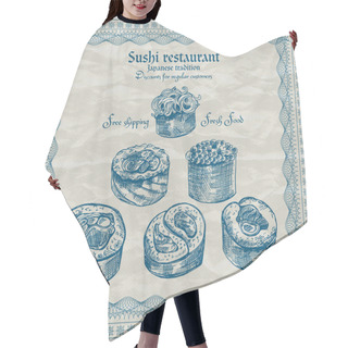 Personality  Vintage Sushi Restaurant Banner. Vector Illustration Hair Cutting Cape