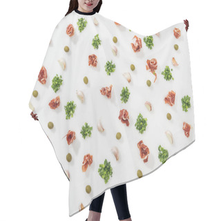 Personality  Top View Of Prosciutto, Olives, Garlic Cloves And Greenery Hair Cutting Cape