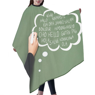 Personality  Cropped View Of Schoolgirl Writing With Chalk In Thought Bubble On Green Chalkboard Hair Cutting Cape