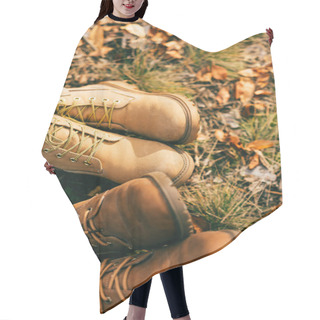 Personality  Top View On Two Pairs Of Orange Boots In Beautiful Foliage In Autumn  Hair Cutting Cape