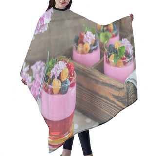 Personality  Multivitamin Summer Berry Delicious Panacotta. Sweet Food With Raspberries, Blueberries, Currants, Croutons And Mint, Pink Hydrangea Bouquet, Dark Wooden Background. Hair Cutting Cape