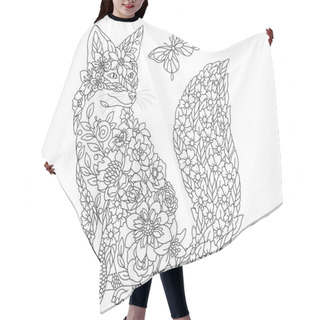 Personality  Floral Adult Coloring Book Page. Fairy Tale Fox. Ethereal Animal Consisting Of Flowers, Leaves And Butterflies Hair Cutting Cape