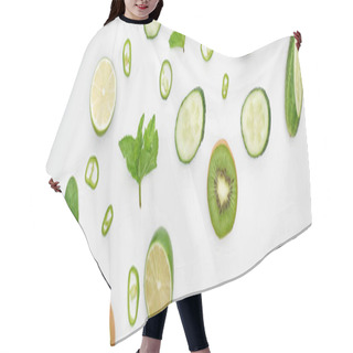 Personality  Panoramic Shot Of Fresh Cucumbers, Kiwi, Limes, Peppers And Greenery  Hair Cutting Cape