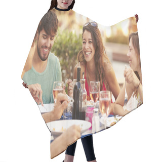 Personality  Friends Enjoying Meal In Restaurant Hair Cutting Cape