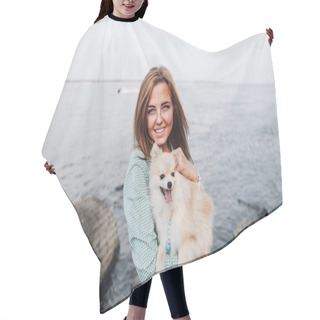 Personality  Young Woman Is Holding Dog Outdoors Hair Cutting Cape