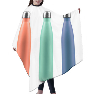 Personality  Lush Lava, Aqua Menthe, Phantom Blue; Colors Of 2020. Close-up Of Reusable, Eco Thermo Steel Bottles For Any Liquid. Isolated On White Background. Hair Cutting Cape