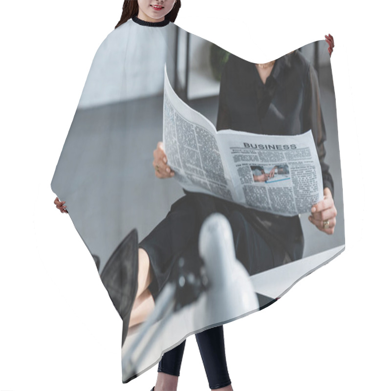 Personality  Cropped View Of Businesswoman In Black Clothes Sitting At Table And Reading Newspaper Hair Cutting Cape