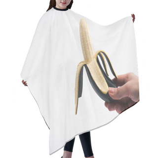 Personality  Cropped View Of Woman Holding Ripe Banana On White Hair Cutting Cape