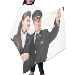 Personality  Pilot Pointing Showing Stewardess Something Isolated On White Hair Cutting Cape