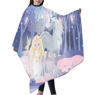 Personality  Fantasy Cute Cartoon Of Cute Princess With Little Fairies Flying And Playing With White Unicorn In Magic Forest, Christmas Night, Vector Illustration Landscape Of Winter Wonderland. Hair Cutting Cape