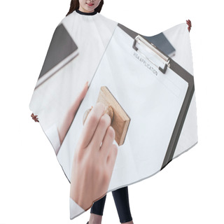 Personality  Selective Focus Of Female Lawyer With Stamp In Hand Holding Clipboard With Visa Application Lettering On Document  Hair Cutting Cape