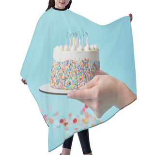 Personality  Partial View Of Woman Holding Birthday Cake With Candles On Blue Background With Confetti Hair Cutting Cape