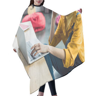 Personality  Cropped View Of Young Female It Specialist Using Laptop In Loft Office  Hair Cutting Cape