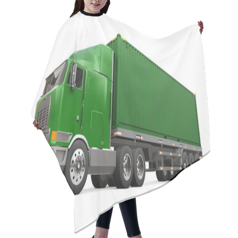 Personality  A Large Retro Green Truck With A Sleeping Part And An Aerodynamic Extension Carries A Trailer With A Sea Container. 3d Rendering. Hair Cutting Cape