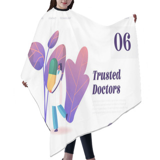 Personality  Gastroenterology Disease, Illness Prevention Landing Page Template. Female Doctor Character Carry Huge Medicine Pill Antibiotic Or Painkiller, Treatment Pandemic Sickness. Cartoon Vector Illustration Hair Cutting Cape