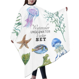 Personality  Marine Set Of Watercolor Vector Tropical Fish, Seaweed Coral Algae And Jellyfish Hair Cutting Cape