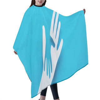 Personality  Top View Of Paper Cut Parent And Child Hands On Blue Background, Panoramic Shot Hair Cutting Cape