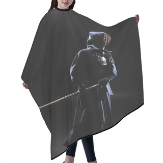 Personality  Full Length View Of Kendo Fighter In Helmet Holding Bamboo Sword On Black Hair Cutting Cape