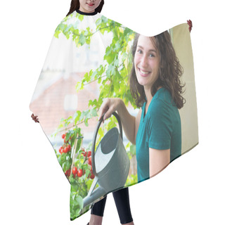 Personality  Young Woman Watering Tomatoes On Her City Balcony Garden Hair Cutting Cape