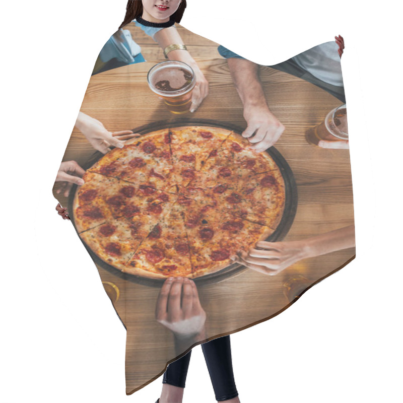 Personality  Friends Having Pizza In Cafe Hair Cutting Cape
