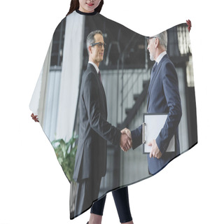 Personality  Side View Of Senior Business Colleagues Shaking Hands Hair Cutting Cape