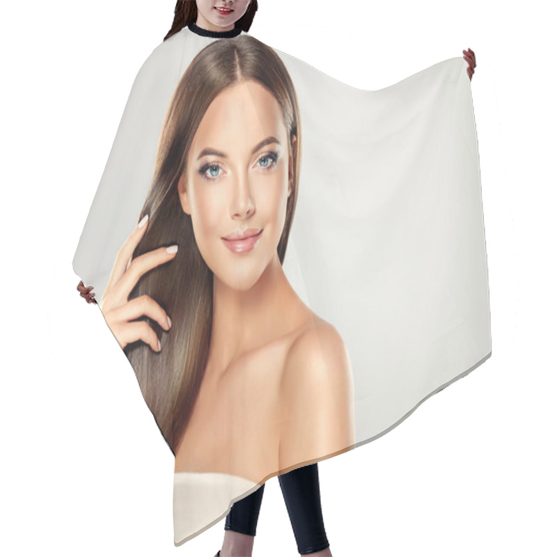 Personality  Woman With Clean Fresh Skin  And Long Straight Hair Hair Cutting Cape