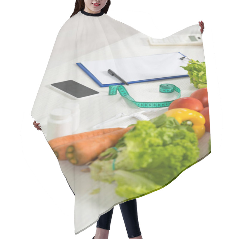 Personality  Clipboard With Pen, Measure Tape, Smartphone With Blank Screen, Calculator, Medicine And Fresh Vegetables On Table Hair Cutting Cape
