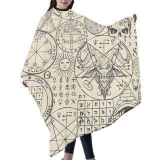 Personality  Abstract Seamless Pattern With Hand-drawn Goat Head, All-seeing Eye, Human Skulls, Vitruvian Man, Masonic And Esoteric Symbols On An Old Paper Backdrop. Monochrome Vector Background In Retro Style Hair Cutting Cape