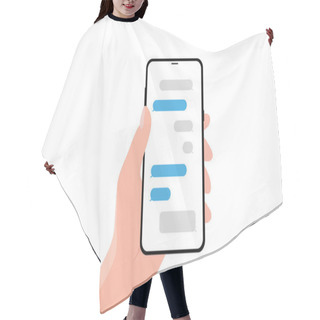 Personality  Hand Holing Smartphone With Speech Bubble. Using Smart Phone For Text Messaging.  Hair Cutting Cape