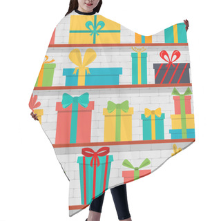 Personality  Seamless Pattern Of Gift Boxes On The Shelves. Gift Shop. Hair Cutting Cape