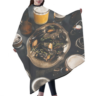 Personality  Top View Of Arrangement Of Beer And Mussels With Ice Cubes On Dark Wooden Tabletop Hair Cutting Cape