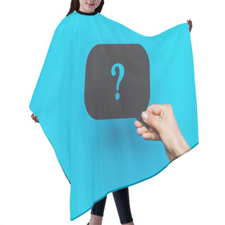 Personality  Cropped View Of Woman Holding Black Speech Bubble With Question Mark On Blue Hair Cutting Cape