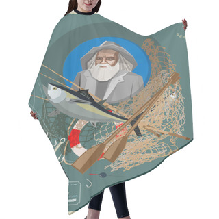 Personality  Old Fisherman With Fishing Equipment Isolated On Blue. Vector Illustration Hair Cutting Cape