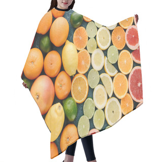 Personality  Top View Of Various Whole And Sliced Citrus Fruits On Blue Concrete Surface Hair Cutting Cape