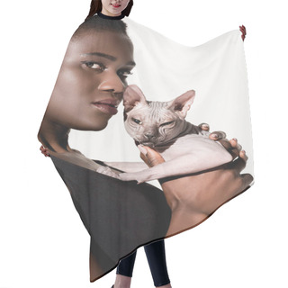 Personality  Close-up View Of Beautiful African American Woman In Swimsuit Holding Sphynx Cat And Looking At Camera Isolated On White Hair Cutting Cape